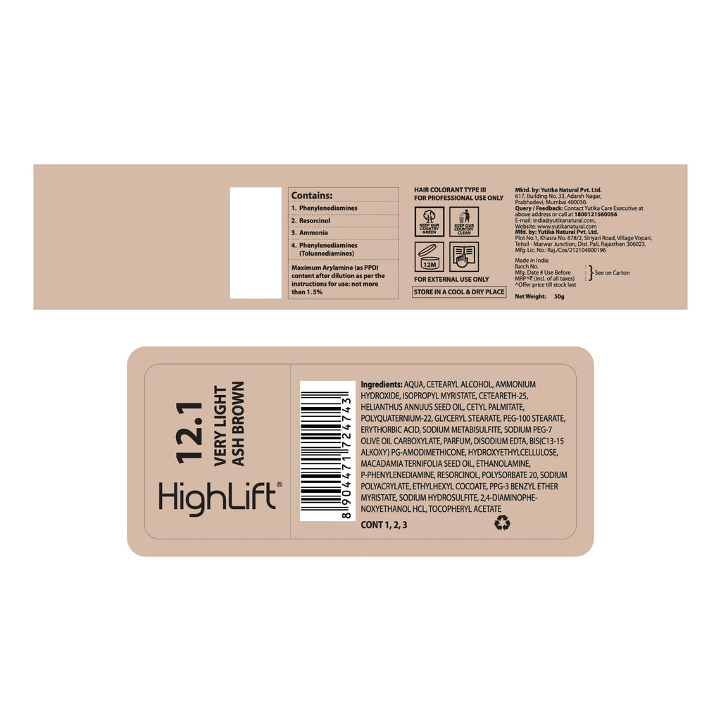 Yuthika Professional High lift Creme Hair Colour 12.1 Very Ash Brown | Grocsy