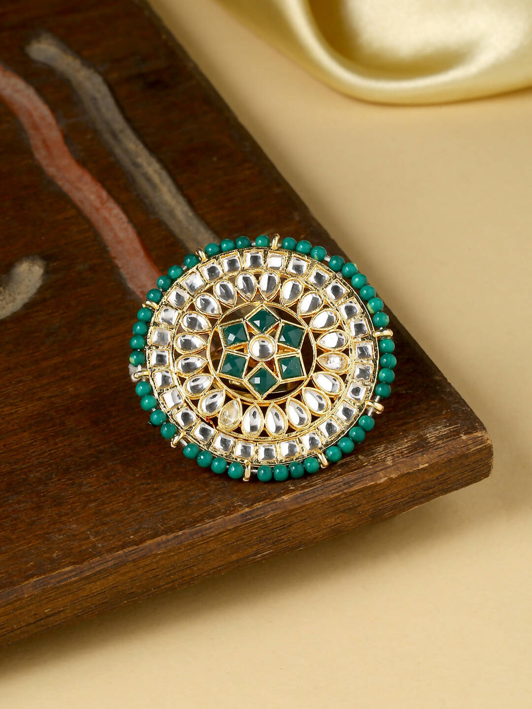 NVR Women's Traditional Ethnic Kundan Meenakari Gold-Polished Ajustable Finger Ring | Grocsy
