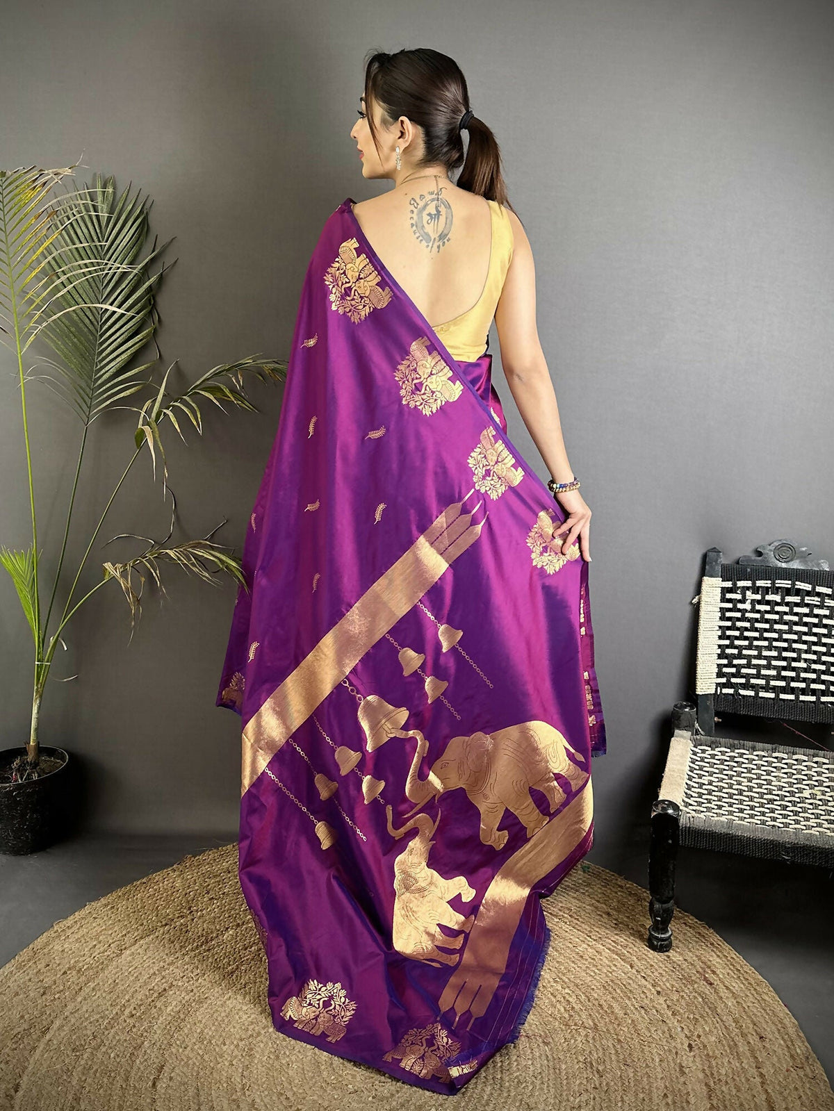 Joban Fashion Purple Motifs Zari Weaving Soft Silk Banarasi Saree | Grocsy
