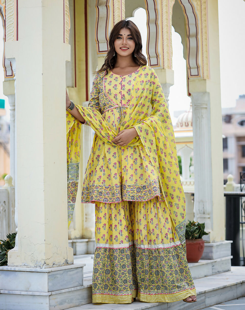 Kaajh Women's Yellow Floral Paplum Kurta Sharara Set With Dupatta | Grocsy