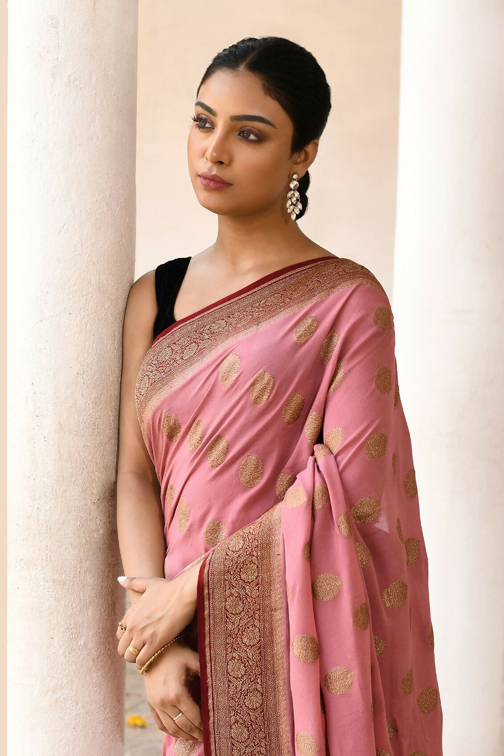 Joban Fashion Nude Pink Crepe Chiffon Pure Handloom Banarasi Silk Saree | Grocsy