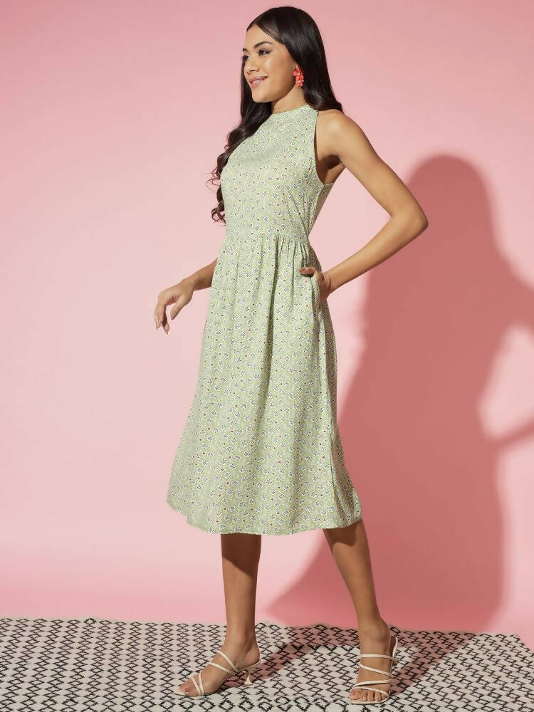Myshka Women Green Ethnic Motifs Rayon A-Line Round Neck Dress | Grocsy