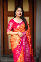 Orange Jute Silk Printed Saree with Unstitched Blouse - Hiral Fashion | Grocsy
