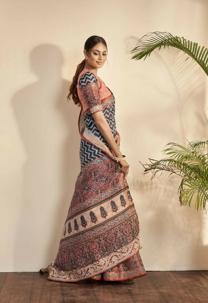 Blue Bhagalpuri Silk Stripe printed with Stone Work & Hand Work Saree - Norita Nirvi | Grocsy
