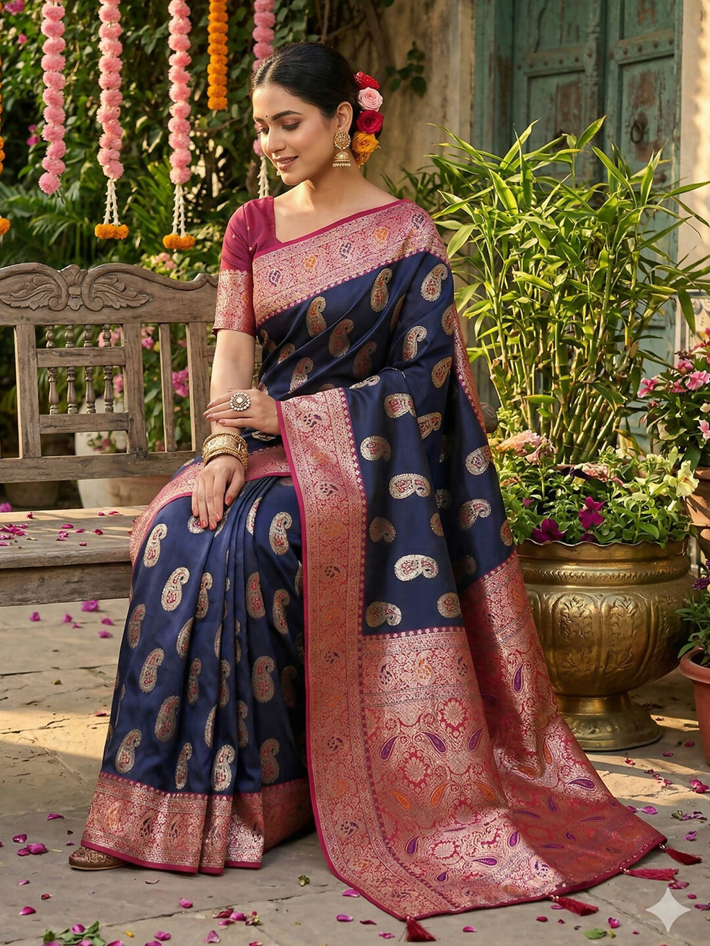 Shree Shyam Fashion Navy Blue Silk Blend Saree | Grocsy