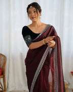 Attrctive Looking Gold Jari, Sequance Embroidery Work Twill Net Party Wear Saree - Coffee | Grocsy