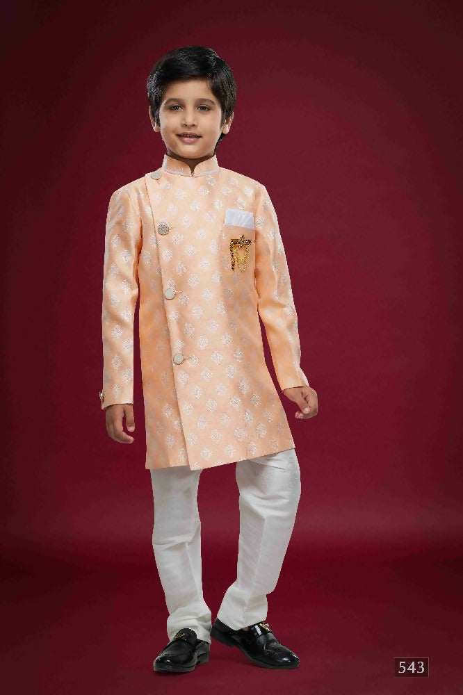 Raivat Ethnic Kids Banarasi Jacquard Woven Work Semi Indo Western Set Peach Colour | Grocsy