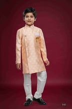 Raivat Ethnic Kids Banarasi Jacquard Woven Work Semi Indo Western Set Peach Colour | Grocsy