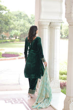 Vastranavya Green Velvet With Rich Sequins & Zari Embroidered Work Top-Bottom With Dupatta | Grocsy