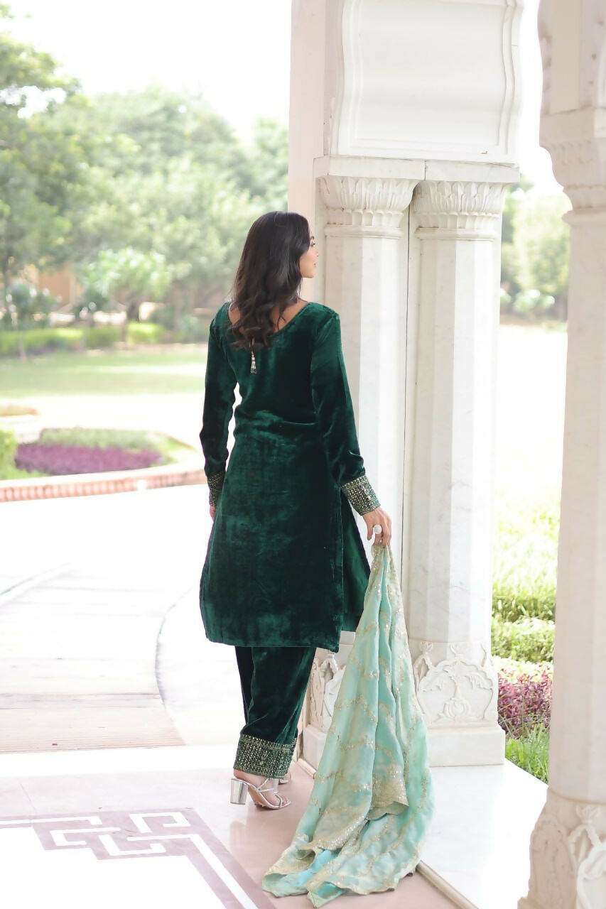 Vastranavya Green Velvet With Rich Sequins & Zari Embroidered Work Top-Bottom With Dupatta | Grocsy