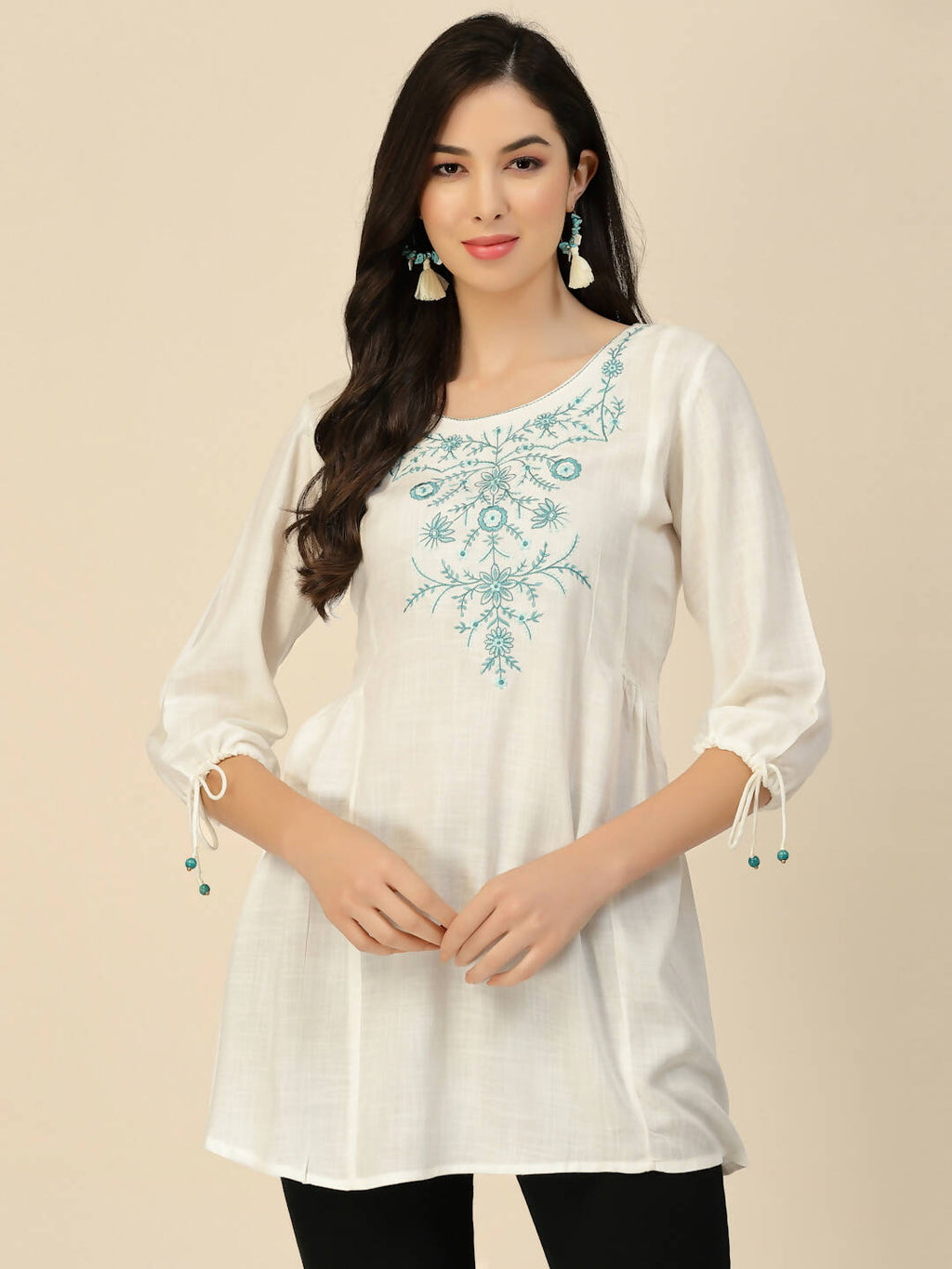 White Poly Rayon Floral Embroidered Top - Zeny | Grocsy
