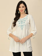 White Poly Rayon Floral Embroidered Top - Zeny | Grocsy