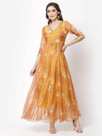 Myshka Women's Brown Organza Printed 3/4 Sleeve V Neck Casual Dress | Grocsy