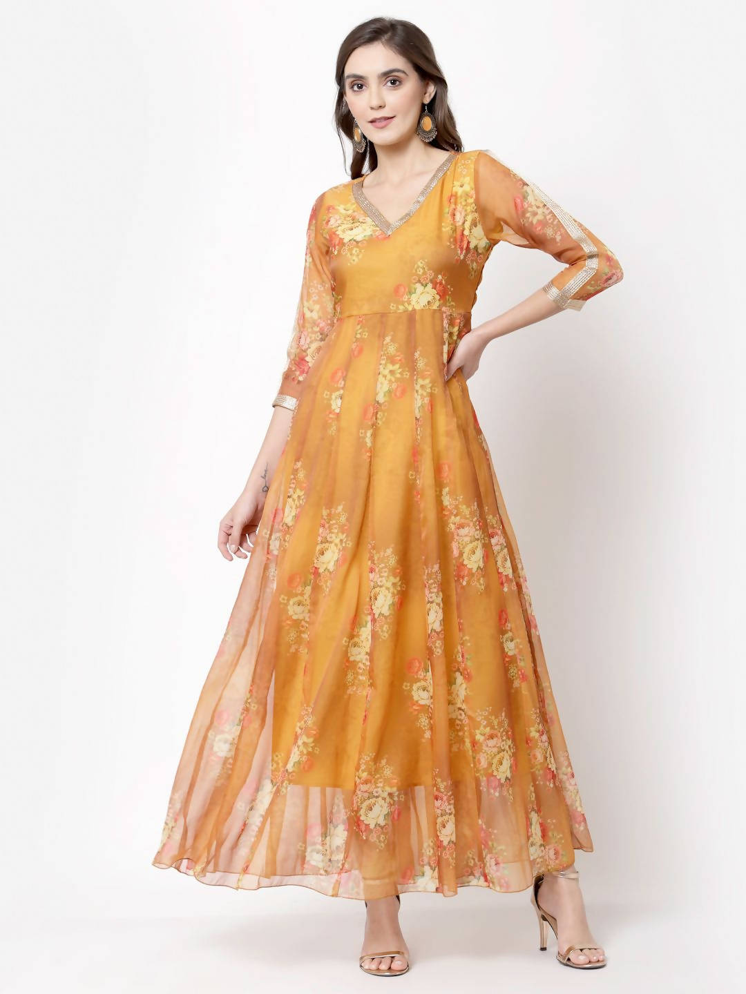 Myshka Women's Brown Organza Printed 3/4 Sleeve V Neck Casual Dress | Grocsy
