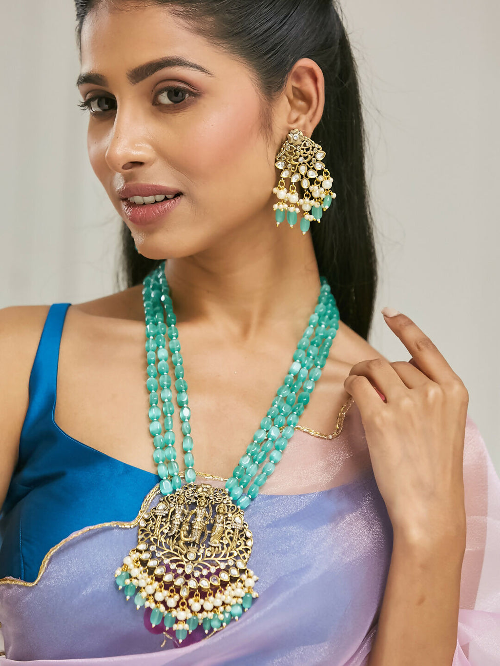 Nuyug 22K Gold-Plated Zircon Studded & Stone Beaded Strings Necklace Set | Grocsy
