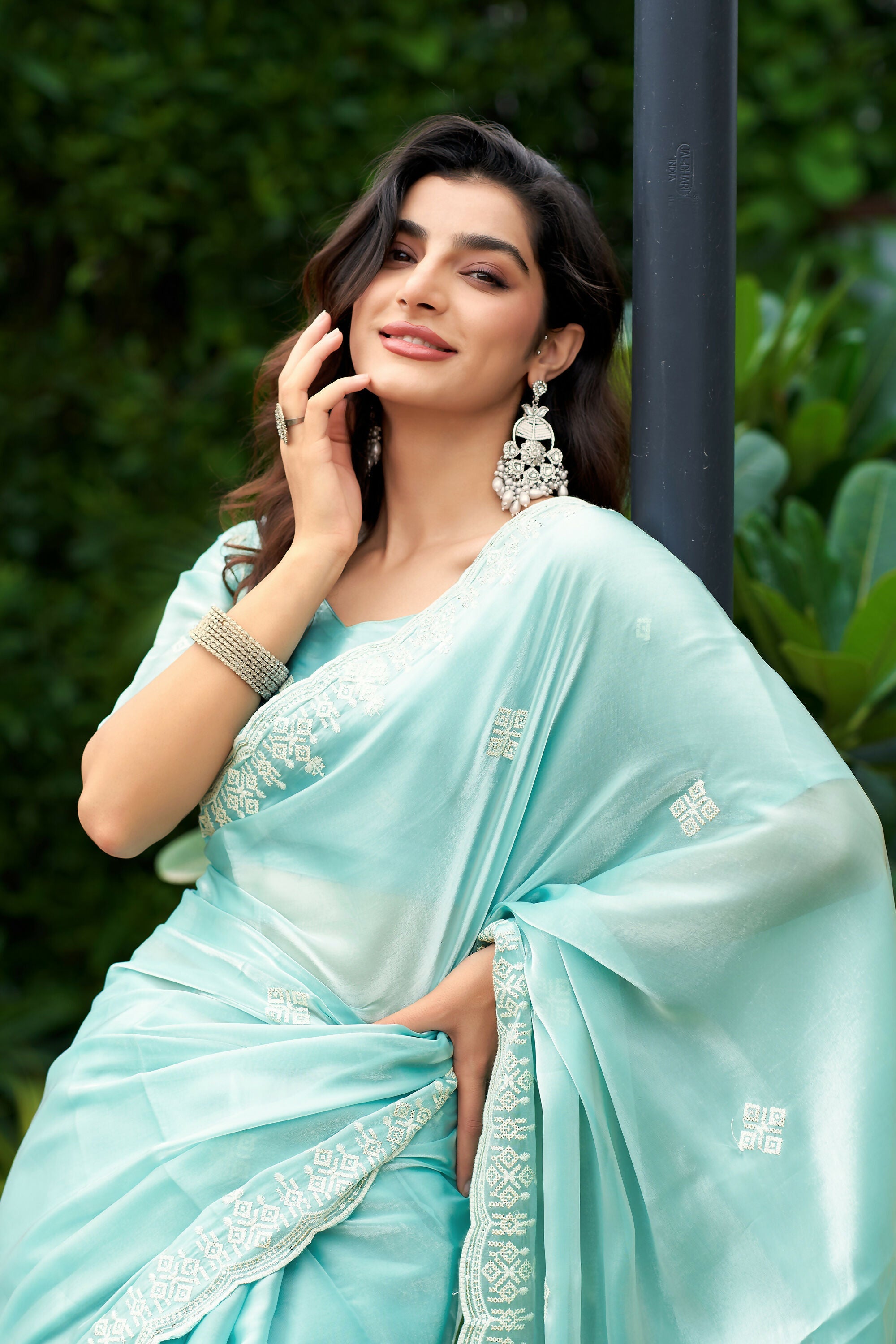 Vastranavya Turquoise Embroidery Work Shimmer Chiffon Saree with Unstitched Blouse | Grocsy