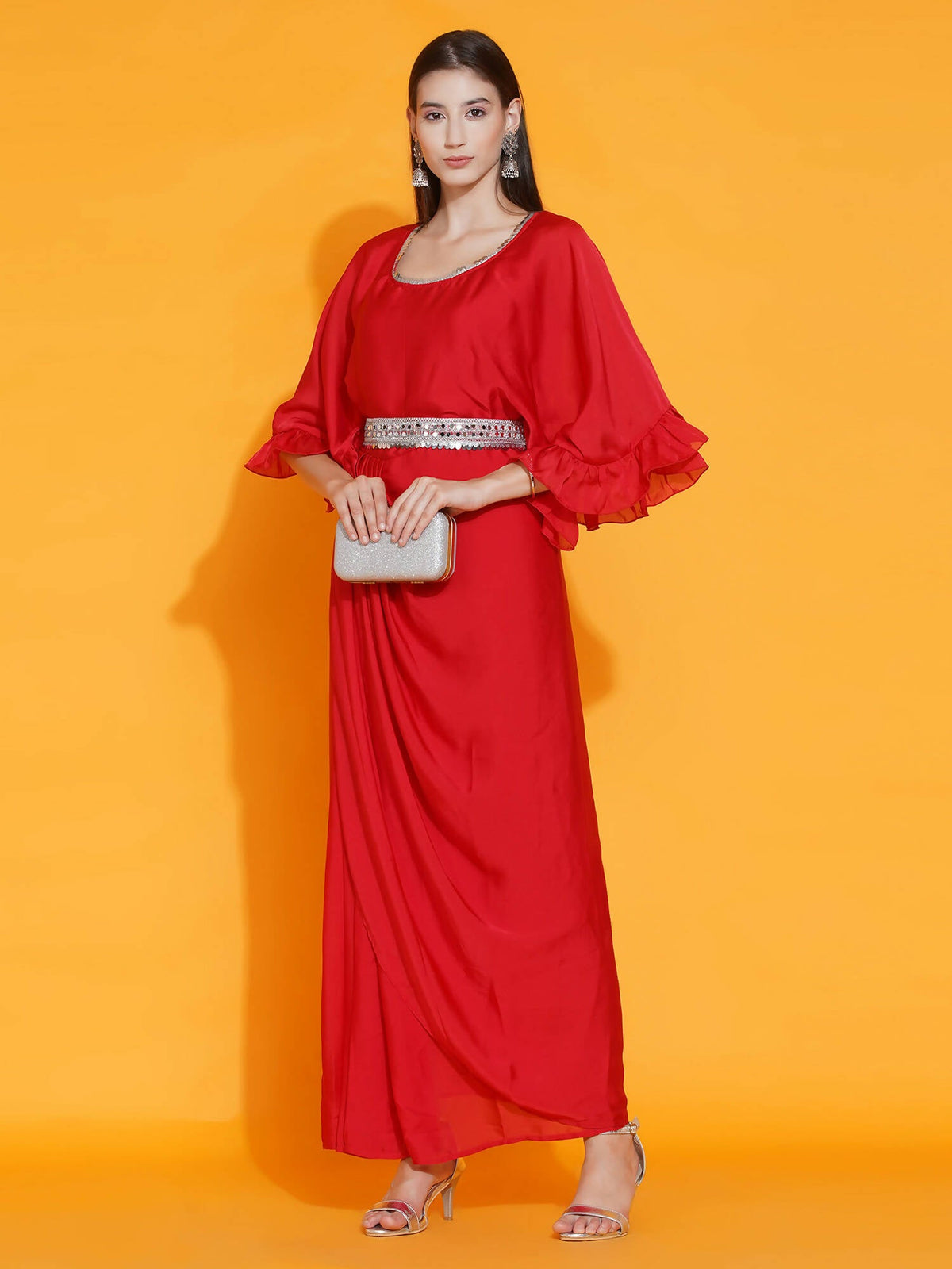 Women Republic Red Georgette Gown With Embellished Belt | Grocsy