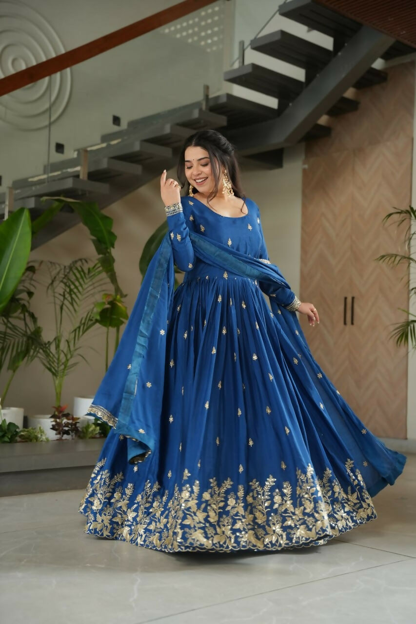 Teeya Creation Blue Color Chinon Silk Party Wear Long Gown | Grocsy