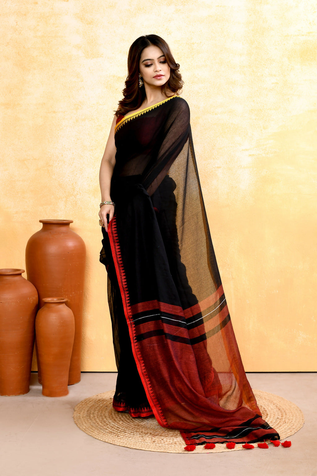Piyari Fashion Women's Black Embellished Handloom Cotton Saree | Grocsy