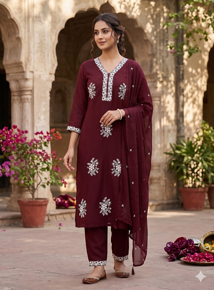 Teeya Creation Vibrant Dark-Maroon Embroidered Kurti with Pant and Dupatta Set | Grocsy