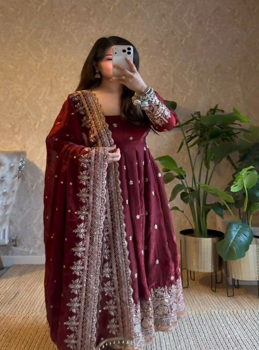 Teeya Creation Dark Maroon Heavily Embroidered Festive Wear Anarkali Salwar Suit | Grocsy