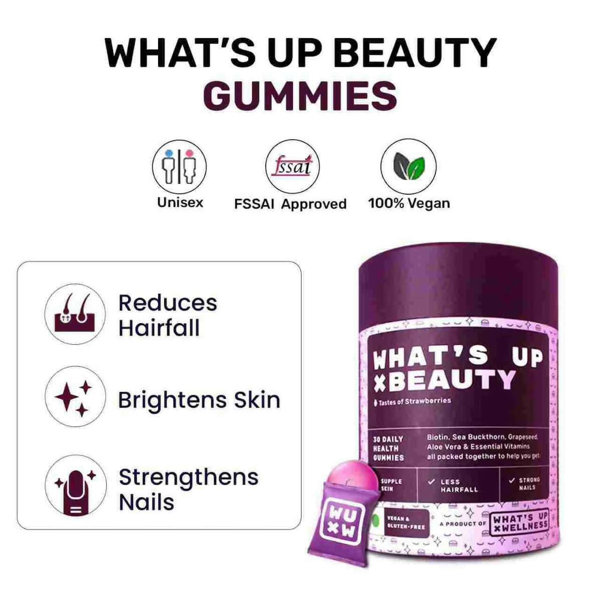 What’s Up Wellness Beauty Skin & Hair Gummies | Grocsy