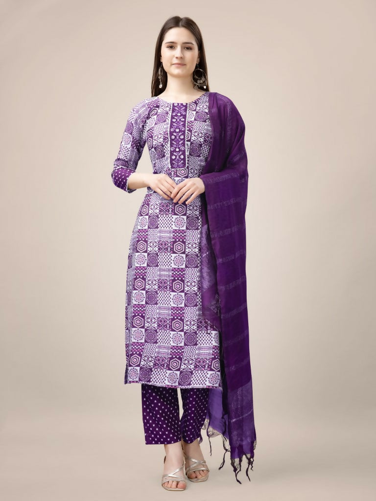 Jyoti Fashion Women's Purple Rayon Print with Embroidery & Fancy Lace Work Kurta with Trouser & Dupatta | Grocsy
