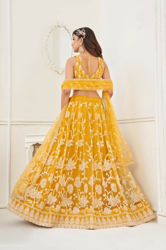 Aastha Fashion Mustard Yellow Butterfly Net White Cotton Thread Work And Sequence Work Embroidery Wedding Wear Lehenga Choli | Grocsy