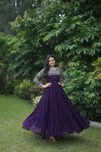 Jyoti Fashion Women's Purple Sequins Zari Embroidered Faux Georgette Anarkali Dress | Grocsy