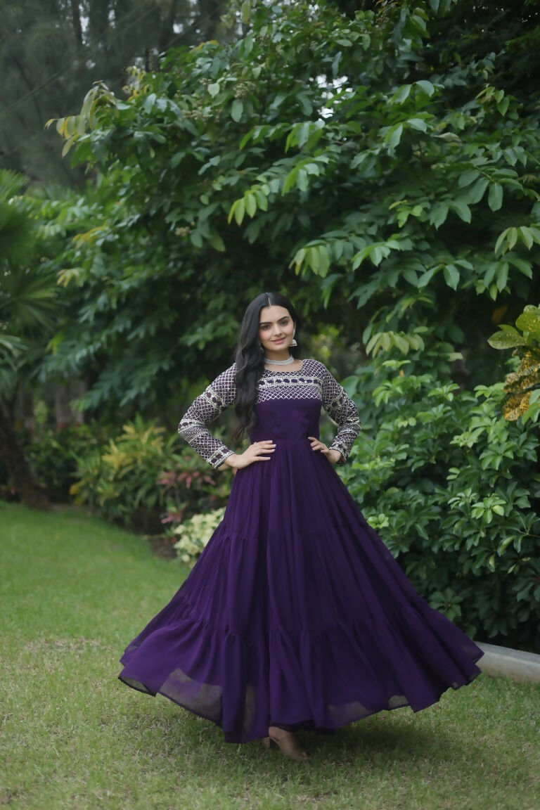 Jyoti Fashion Women's Purple Sequins Zari Embroidered Faux Georgette Anarkali Dress | Grocsy