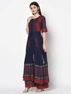 Aniyah Rayon Navy Blue Color Block Print Anarkali kurta (AN-177K) | Grocsy