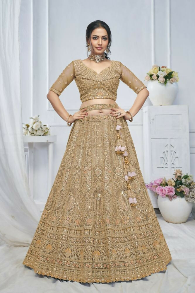 Kesar Fab Brown Net Embroidered Lehenga | Grocsy