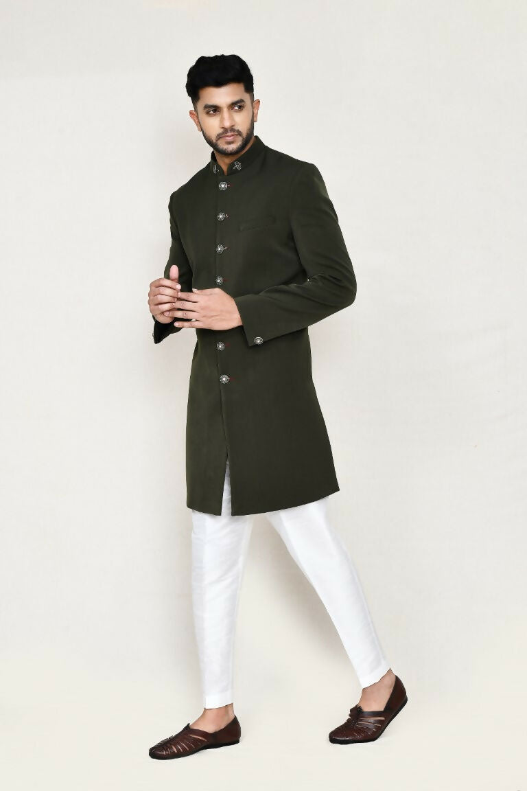 Joban Fashion Green Colored Terry Rayon Fabric Indo Western With Straight Fit Pant | Grocsy