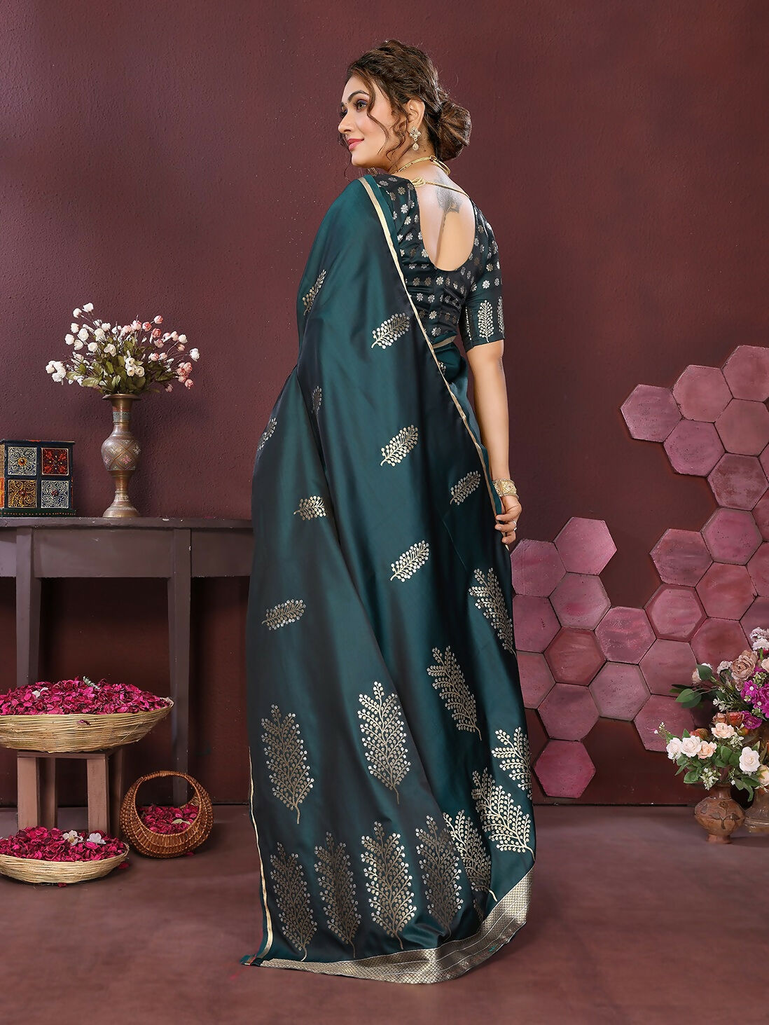 Joban Fashion Teal Floral Motifs Banarasi Silk Sarees | Grocsy