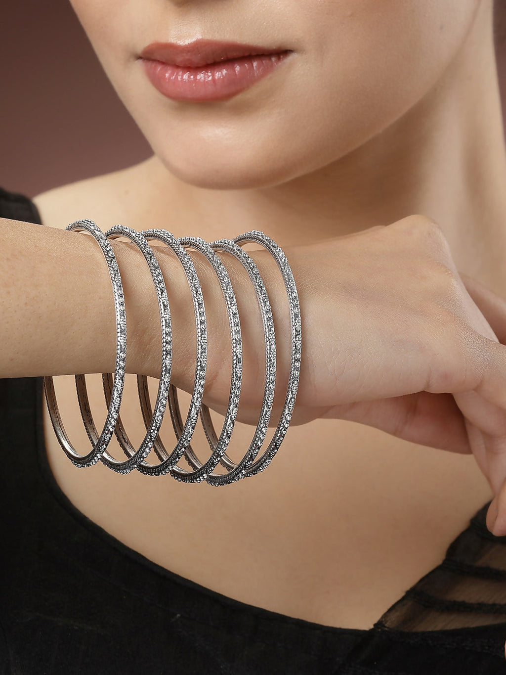 NVR Women's Set of 6 Silver-Toned German Silver Oxidised Bangles | Grocsy