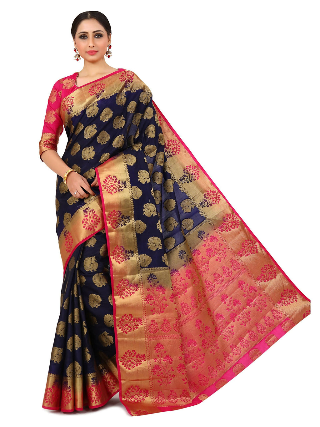 Mimosa Kanchipuram Silk Navy Blue Saree | Grocsy
