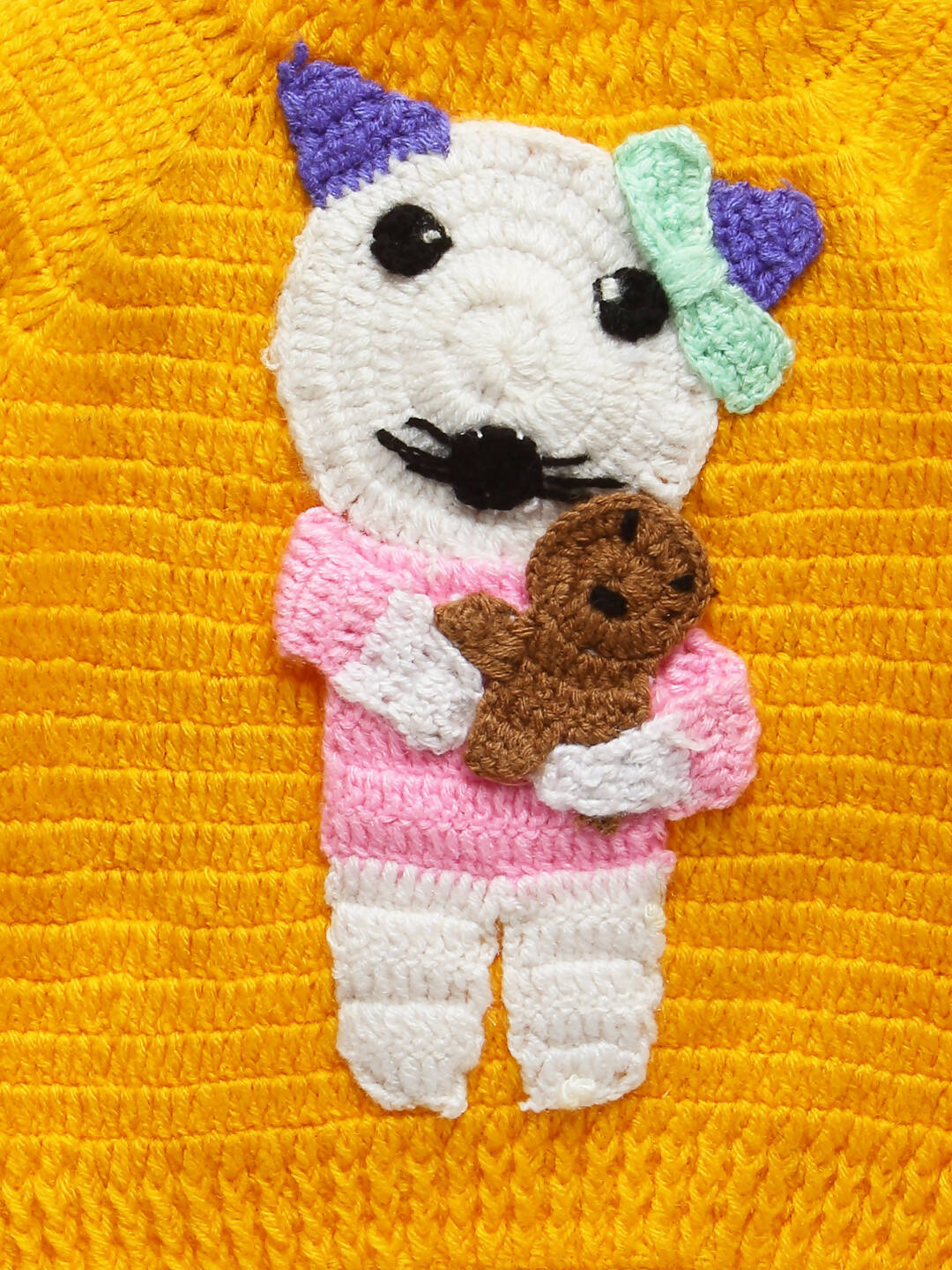 Chutput Kids Woollen Hand Knitted Cat Design Sweater - Yellow | Grocsy