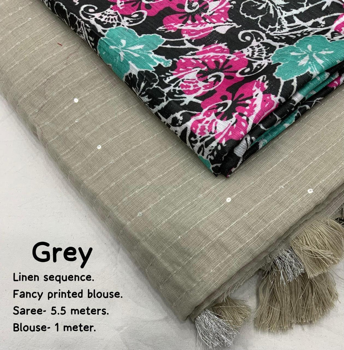 Grey Linen Sequence Saree with Unstitched Blouse - Hiral Fashion | Grocsy