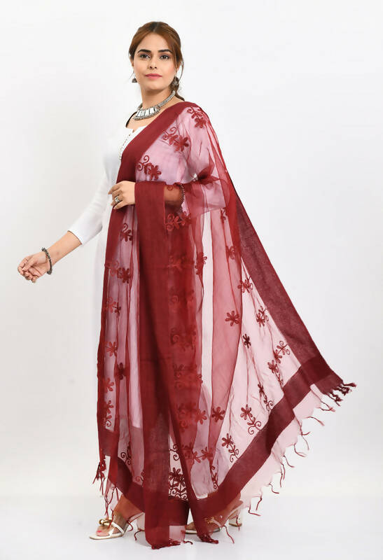 Mominos Fashion Moeza Women's Orgenza All Over Chikan Work Maroon Dupatta | Grocsy