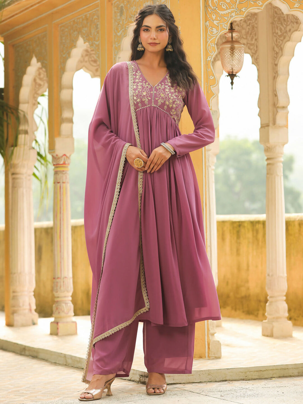 Janasya Lavender Georgette Yoke Embroidery Kurta,Bottom & Dupatta | Grocsy