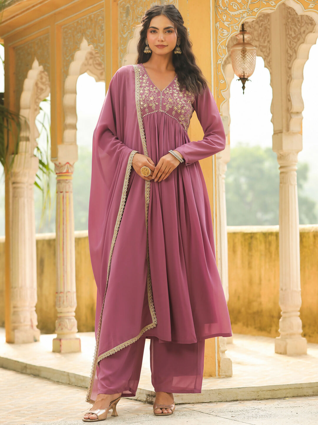 Janasya Lavender Georgette Yoke Embroidery Kurta,Bottom & Dupatta | Grocsy