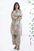 Breathables Women’S Loungewear Long Kurta Co-Ord Set Cotton Cream Floral Print | Grocsy
