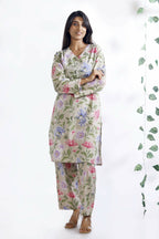 Breathables Women’S Loungewear Long Kurta Co-Ord Set Cotton Cream Floral Print | Grocsy