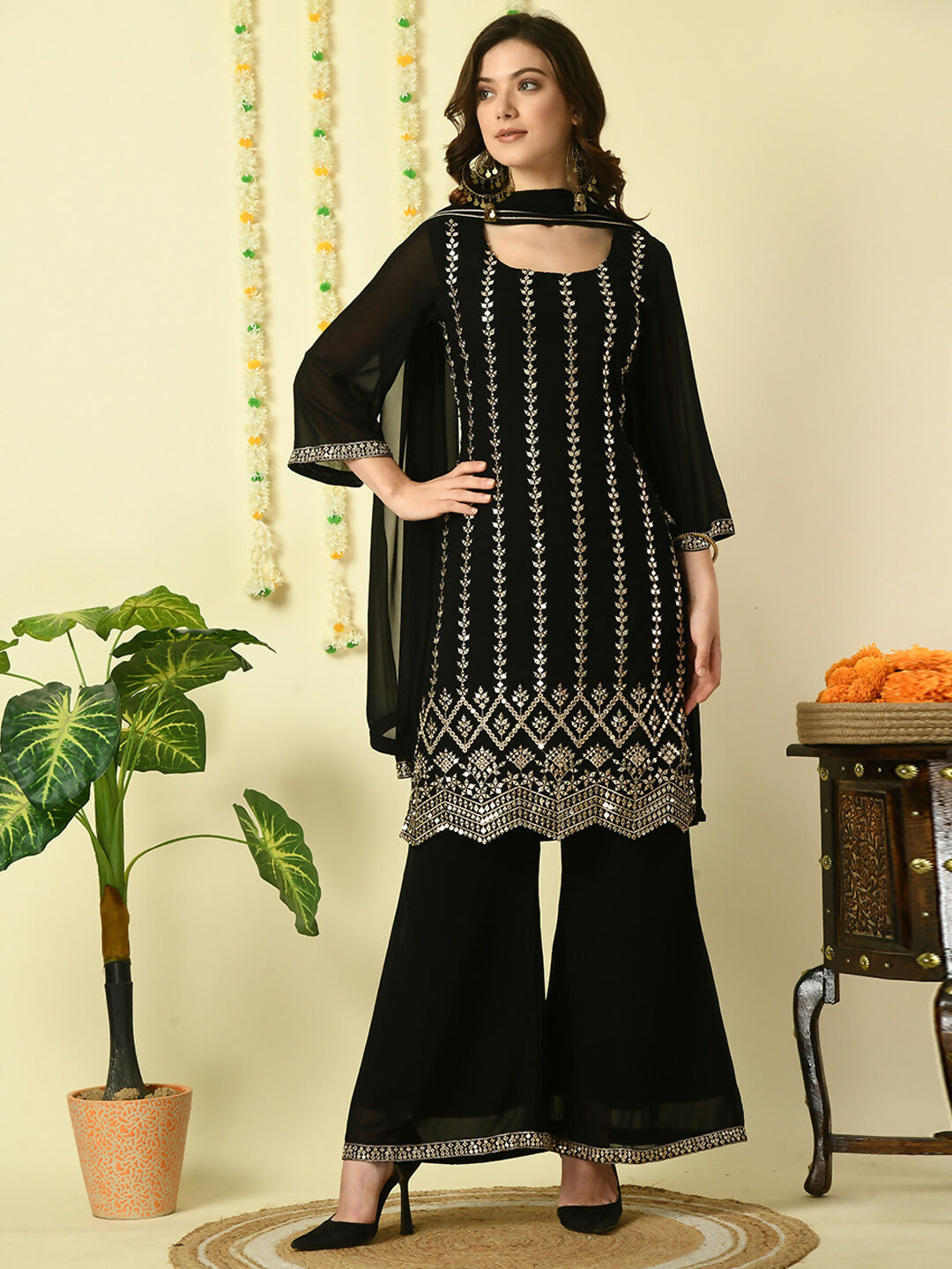 Myshka Women's Black Georgette Kurta & Palazzos With Dupatta Party Sets | Grocsy