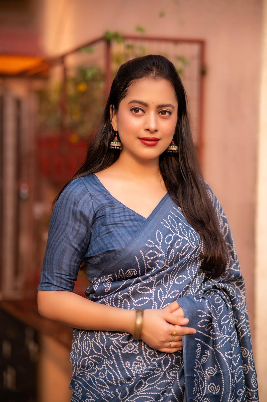 Grey Silk Blend Ajrak Saree with Unstitched Blouse - Hiral Fashion | Grocsy