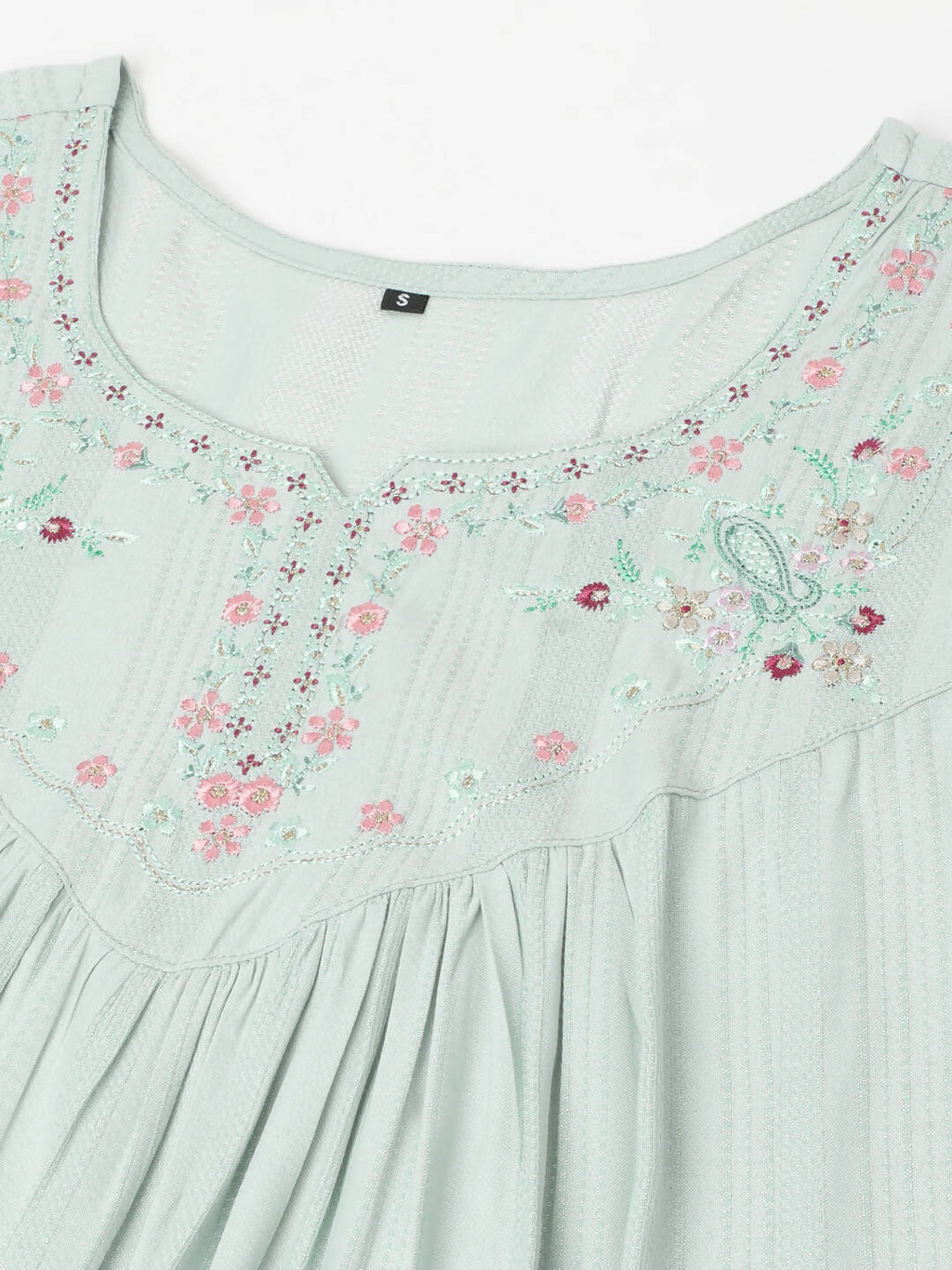 Light Blue Poly Cotton Yoke Embroidered A-line Top - Tarini | Grocsy