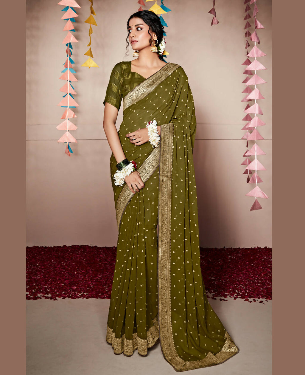 Green Georgette Foil Printed Saree With Unstitched Blouse Piece - Nitya | Grocsy