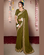 Green Georgette Foil Printed Saree With Unstitched Blouse Piece - Nitya | Grocsy