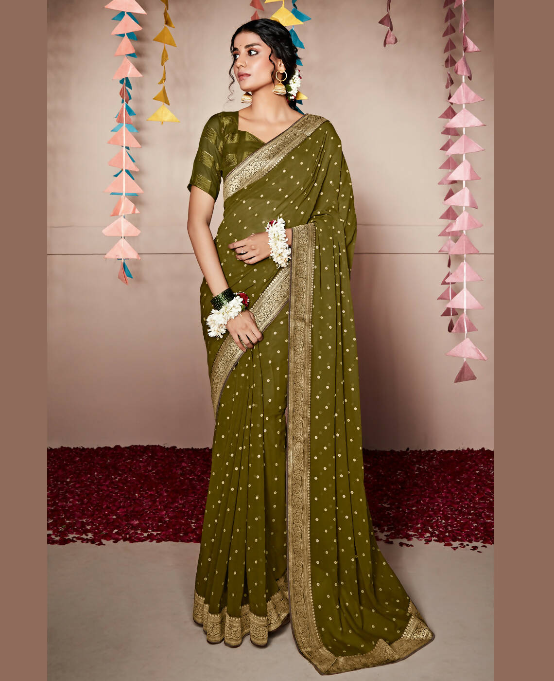 Green Georgette Foil Printed Saree With Unstitched Blouse Piece - Nitya | Grocsy