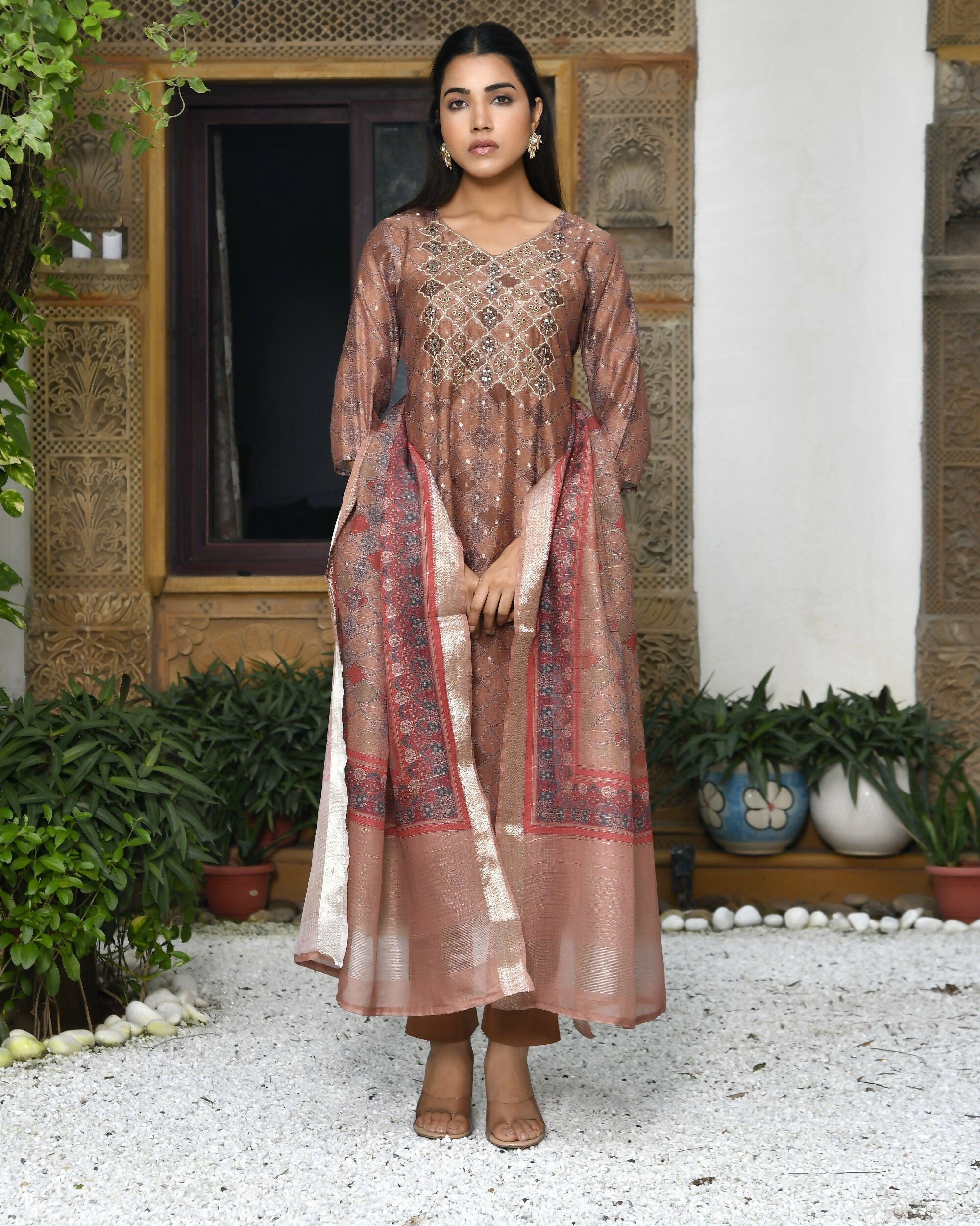 Vaasva Women's Chanderi Printed Suit Set With Pant And Printed Dupatta | Grocsy